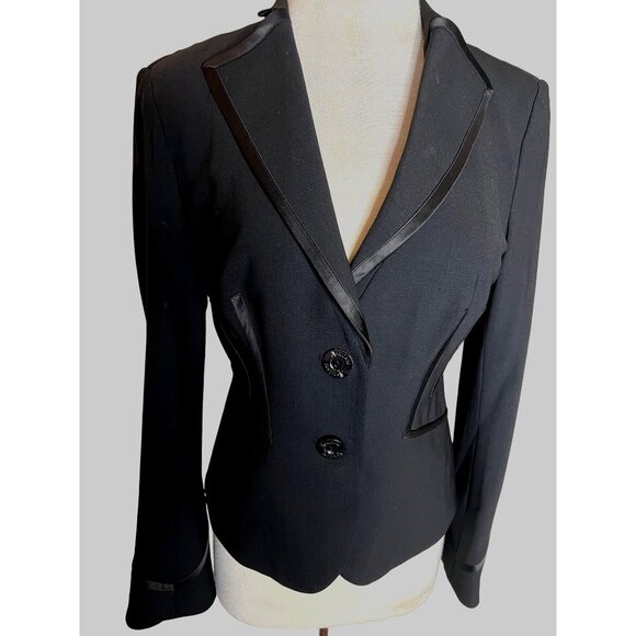 Neiman Marcus Black Wool Blend Blazer Satin Trim Button Closure Size 10 Goth fla - Picture 1 of 16
